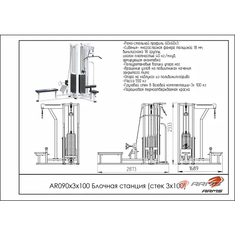 Грузоблочный тренажер Блочная станция стек 3 х 100 кг ARMS AR090х3х100 - Фото 2