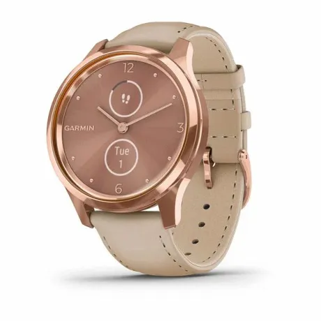 Смарт-часы Garmin VIVOMOVE LUXE розовое золото PVD 18K со светло-песочным ремешком из итальянской кожи