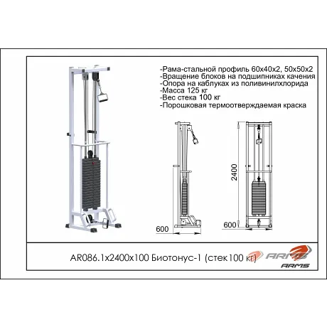 Грузоблочный тренажер Биотонус-1 стек 100 кг ARMS AR086.1х2400х100 - Фото 2
